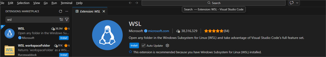 Extension WSL dans le store VS Code
